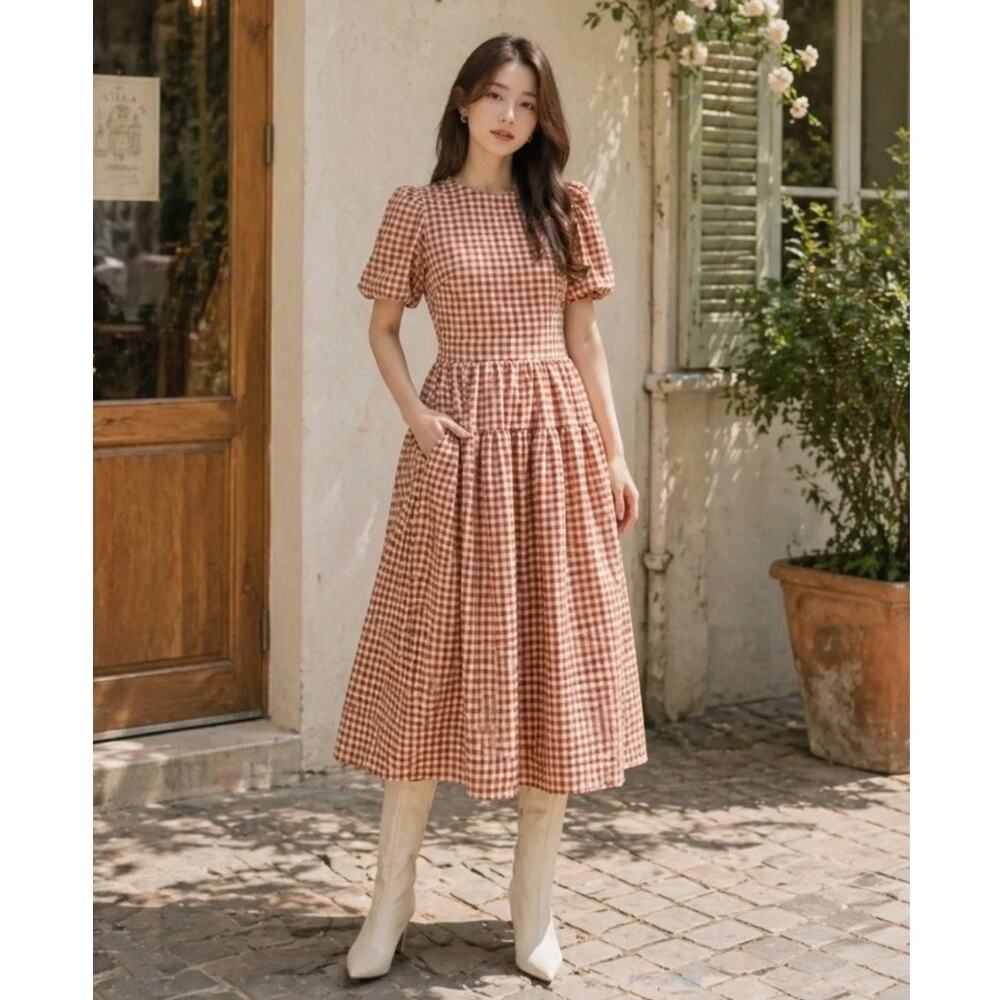 En Saison Juni Gingham Round Neck Bubble Sleeve Tie Back Midi Dress S Small